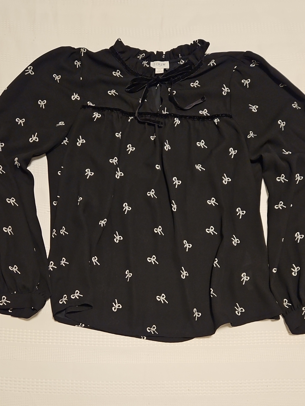 J. Crew Black Bow-Print Long-Sleeve Tie Blouse